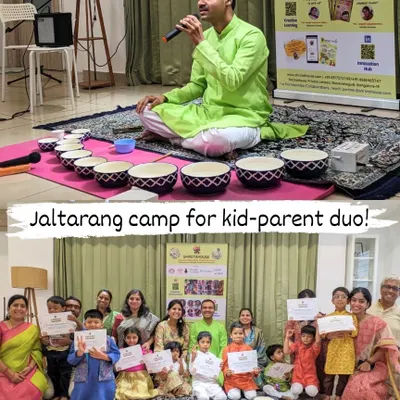 Our Jaltarang camp graduation day! Look at all the proud faces, both young and old, holding their certificates after a week of creating magical water music together.