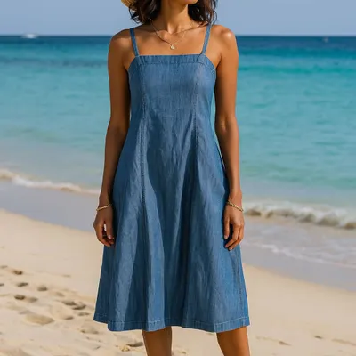 This denim midi sundress is the definition of effortless summer style. Its simple A-line cut and square neckline make it a timeless piece, perfect for throwing on over a swimsuit or dressing up for a casual dinner. A true wardrobe staple for any denim lover.