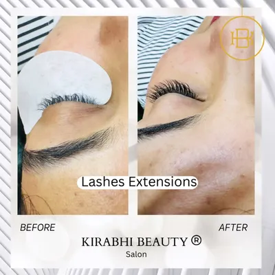 A beautiful example of how extensions add length and a perfect curl. The 'after' shows a defined lash line that makes the eyes pop.