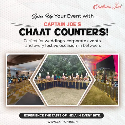 Spice up your event with our live chaat counters. This graphic showcases different setups for our chaat stations, a perfect and interactive addition for corporate events and festive occasions.