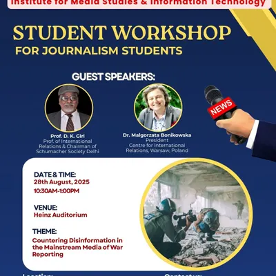 The official poster for our student workshop on "Countering Disinformation in the Mainstream Media of War Reporting," featuring international relations experts as guest speakers.
