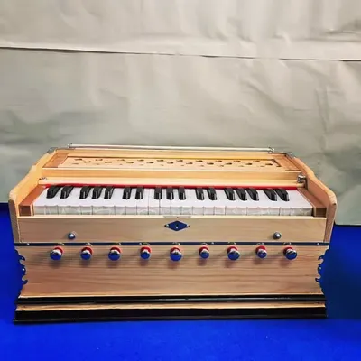 A front view of our new camel-colored harmonium. This model features a 3.5 saptak range, a coupler, and 9 stoppers, offering a rich bass-male sound suitable for kirtan and classical music.