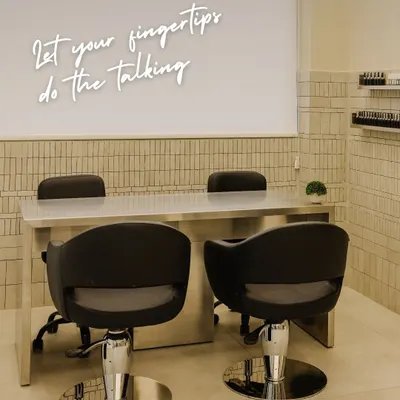 This is where the magic happens. My dedicated nail station is designed for your comfort, with a clear message: let your fingertips do the talking. It’s a space for creativity and relaxation.