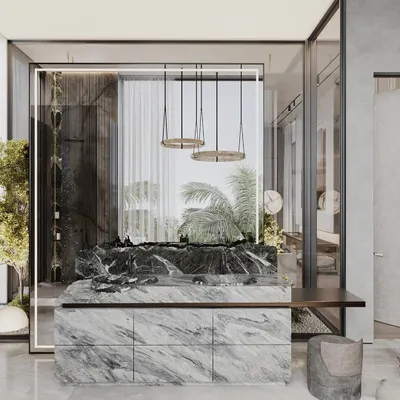 This custom vanity is a statement piece, crafted from a single block of heavily veined marble with a raw, unfinished top edge. The suspended pendant lights and minimalist stool complete this artistic and functional space.