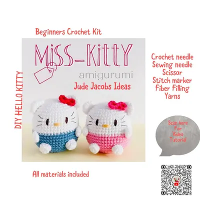 My Miss-Kitty amigurumi kit is the perfect starting point for anyone new to crochet. This graphic shows the two cute characters you can make and confirms that all materials, from the fiber filling to the stitch markers, are included in the box.