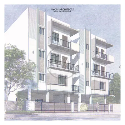 The initial sketch concept for "The Twin House" project in Kogilu, Bangalore. This hand-drawn overlay on a 3D model helps establish the design's core aesthetic and structure.