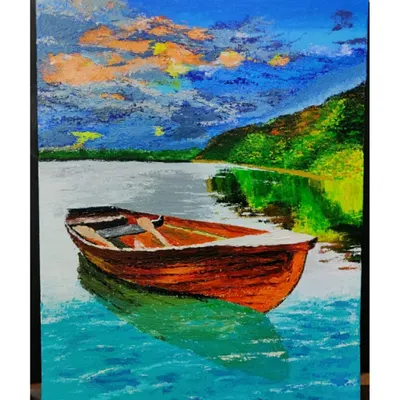 A tranquil landscape painting featuring a boat on calm water, created with acrylics and a palette knife. The thick application of paint adds a tangible texture to the clouds and water reflections. This piece is available for sale.
