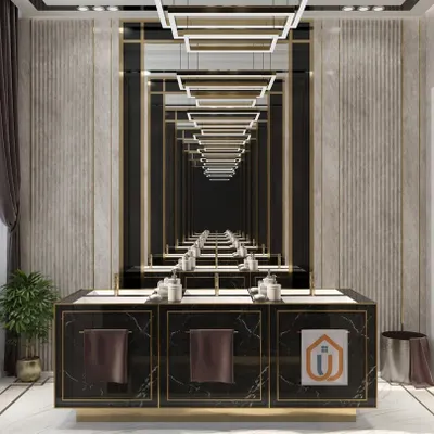 This is a full view of a luxury washroom concept designed for a high-end salon or commercial space. The centerpiece is a communal wash basin with gold-finish fixtures, set against a dramatic infinity mirror that creates a stunning visual effect.