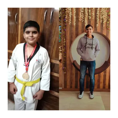 The transformative power of Taekwondo. This before and after photo shows the incredible results of consistent training, from weight loss to increased confidence.