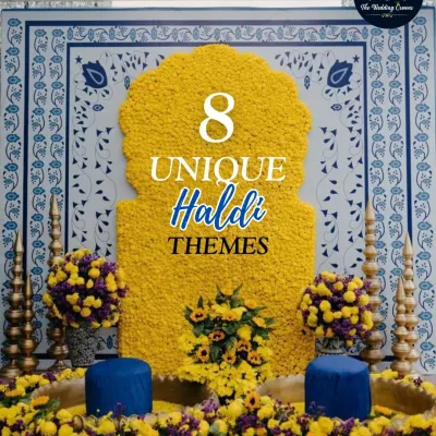 A stunning Haldi setup featuring a backdrop of yellow marigolds against a blue and white patterned wall. This theme proves that Haldi ceremonies can be unique and vibrant beyond the traditional yellow.