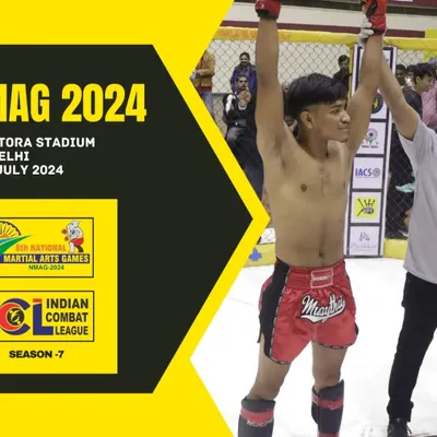 Our training prepares you for the highest levels of competition. Here is one of our fighters celebrating a victory at the National Martial Arts Games (NMAG 2024), a testament to the effectiveness of our MMA and combat sports coaching.