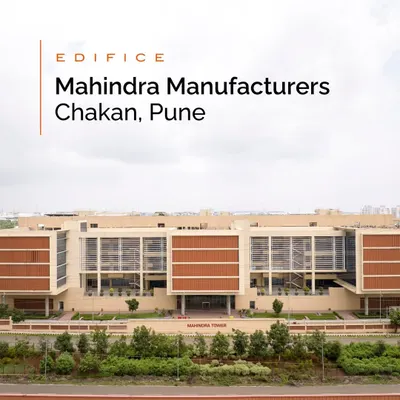 The Mahindra Manufacturers corporate head office in Chakan, Pune, where the design draws inspiration from traditional wada typology. The building's form creates shaded courtyards that promote natural ventilation and social interaction.