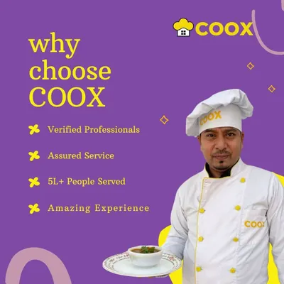 Here are a few reasons to choose my service: I provide verified professionals, assure great service, and have served over 5 lakh people. This image features one of my chefs ready to bring a gourmet experience to you.