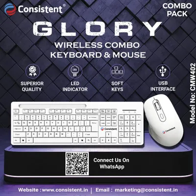The "Glory" wireless keyboard and mouse combo comes in a clean white finish, perfect for a modern desk. The keyboard features soft keys and an LED indicator, while the combo connects via a single USB interface for a simple, high-quality setup.