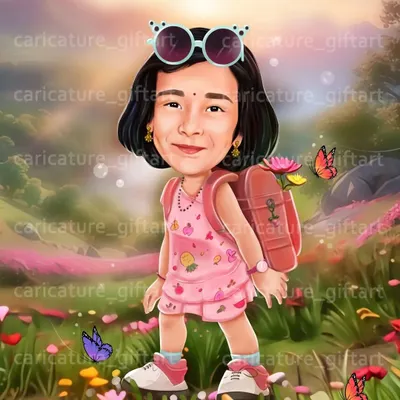 A whimsical birthday caricature for a little girl. I created a magical scene with her walking through a field of flowers, complete with a backpack and cool sunglasses. It’s a perfect fantasy portrait for a child's birthday.
