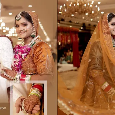 A classic wedding album layout, featuring a mix of couple portraits and a beautiful solo shot of the bride twirling her veil.