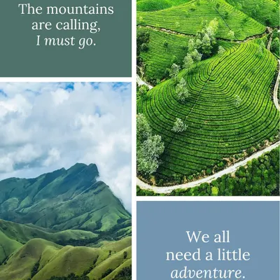 The mountains are calling, and we must go. This collage captures the essence of adventure that we offer, from lush green hills to winding tea plantations.