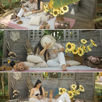 A collage from a lovely picnic-themed pre-wedding shoot. It captures the relaxed, happy, and intimate moments that make your story unique, complete with sunflowers and a retro vibe.