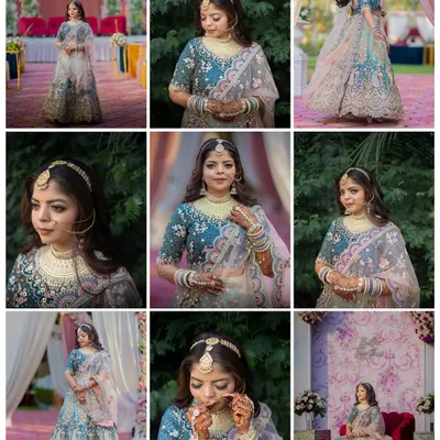 A stunning grid of bridal portraits, showcasing the bride Darshana's elegance in her teal and pink lehenga from every angle.