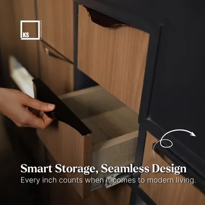 Smart storage is about making every inch count. This image shows a drawer with a custom handle and soft-close mechanism, ensuring smooth and silent operation. The design is seamless and functional for modern living.
