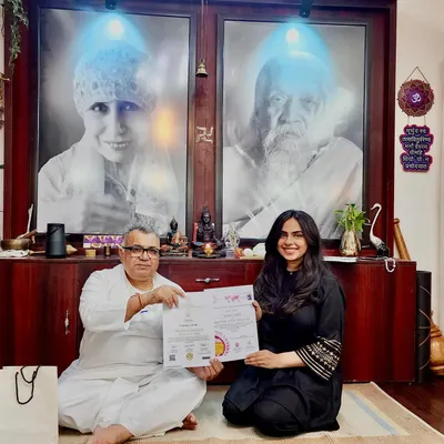 A truly blessed moment receiving my 500-level certificate from Swami Vidyanand ji. This path of learning and teaching is a continuous journey, and I am grateful to my gurus for their guidance.