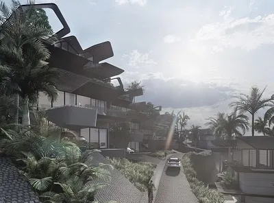 Inspired by the site's dramatic slope to the sea, our Dona Paula masterplan features a series of tropical roofs that appear to fly out of the mountain. The design follows the natural contours, creating a low-rise development that blends organically with the terrain.