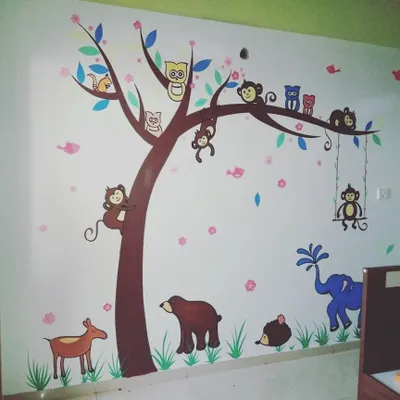This detailed jungle scene features a variety of playful animals, creating an engaging and colorful environment for a child's bedroom or playroom. We can incorporate your child's favorite animals into a unique design.