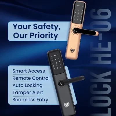 Your safety is our priority, and our HE-06 lock proves it. It offers smart access, remote control, auto-locking, and tamper alerts, providing seamless entry and top-tier security in one stylish package.