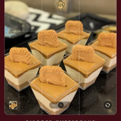 Indulge in a bite of caramel bliss with our Biscoff Cheesecake. These individual dessert cups feature a creamy cheesecake layer topped with rich Biscoff spread and a crunchy biscuit.