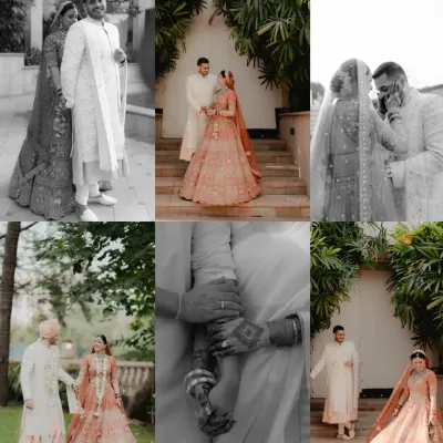 A collage of moments from a beautiful wedding day, showing the couple's portraits, candid interactions, and the overall happy vibe.