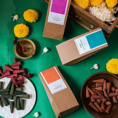 I'm excited to share my latest launch of chemical-free incense cones, just in time for the festive season. This image shows the three incredible scent profiles, perfect for celebrations like Durga Puja or Diwali.