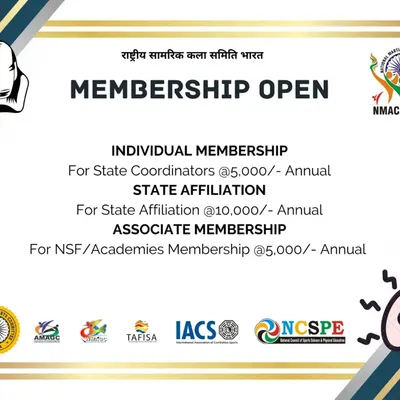 This poster details the membership opportunities with the National Martial Arts Committee (NMAC) India. It outlines the annual fees for Individual Membership (State Coordinators), State Affiliation, and Associate Membership for academies.