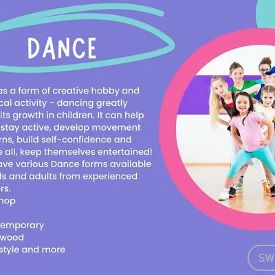 We offer a wide range of dance forms, including Hip-hop, Jazz, Contemporary, and Bollywood. This flyer provides details on how dance benefits a child's growth, from physical activity to building self-confidence.