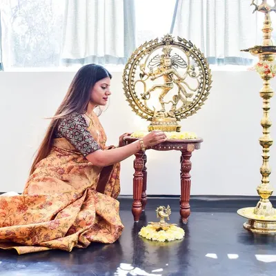 The Nataraja idol is the symbol of dance, and having it in my studio gives life to the space. Here I am during the installation puja, a dream come true for any dancer.