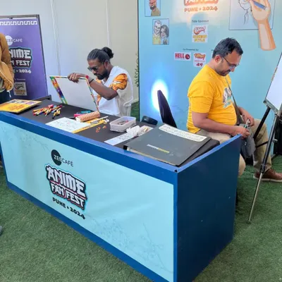 Here's my team and I at our stall for the Anime Fan Fest in Pune, in association with Zee Cafe. We were busy all day drawing anime fans and cosplayers.
