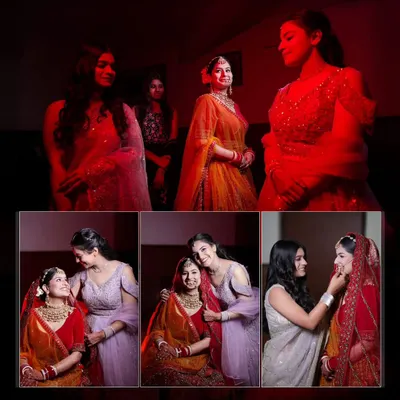 A collage of the bride sharing heartfelt and fun moments with her friends and bridesmaids during the wedding festivities.