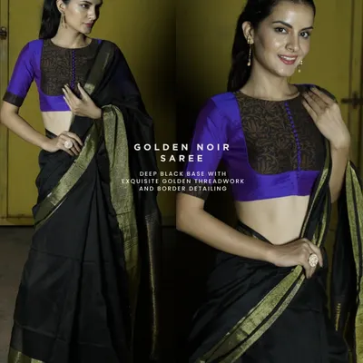 Not every outfit can make you feel royal, but this Golden Noir saree does. A deep black base with exquisite golden threadwork and border detailing, it transforms you with every pleat.