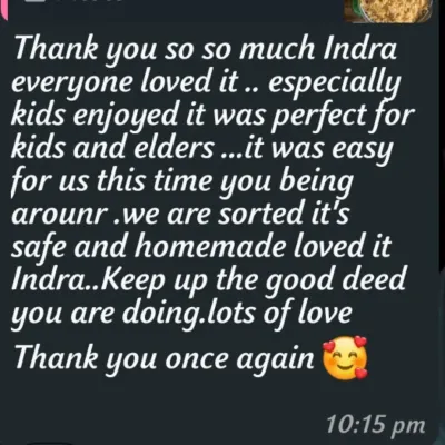 A customer message thanks Indra for our home-cooked food and says both kids and elders enjoyed the meal.