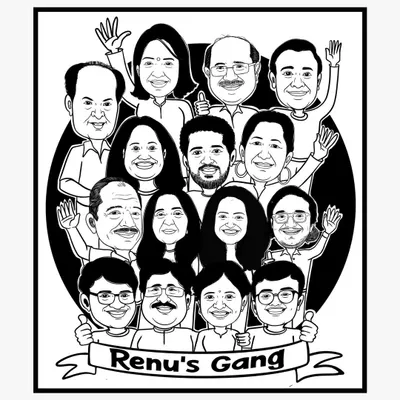 A large group caricature for "Renu's Gang." This black and white illustration brings together many individuals into a single, cohesive artwork, perfect for commemorating a special group of friends or family.