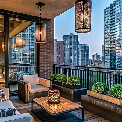 This balcony is designed to be enjoyed as the sun sets over the city. The industrial-style pendant lights and the candle lantern on the coffee table provide a warm, intimate glow, creating a sophisticated lounge atmosphere.