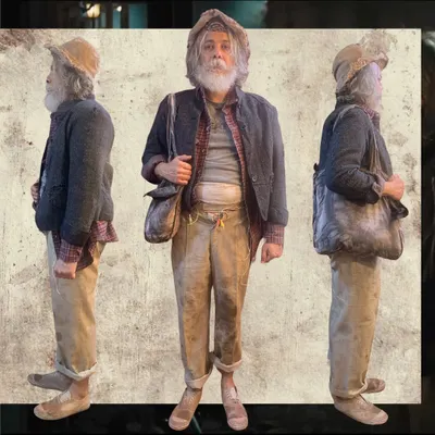 A 360-degree view of the final costume for a character in an Infinix India ad. I layered a plaid shirt, a worn-out jacket, a knitted sweater, and aged trousers to build a rich, believable history for the character before he even appeared on screen.