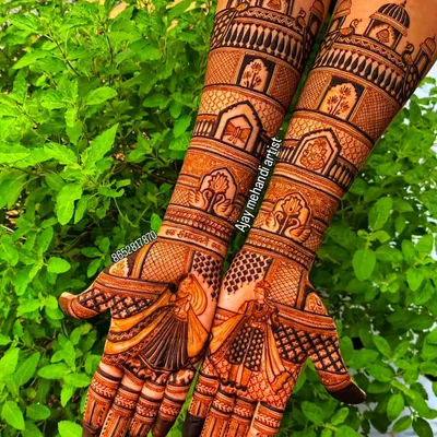This is a classic full bridal mehndi design. I included detailed figures of a bride in a doli, palace architecture on the forearms, and delicate patterns, all done with my 100% natural henna for a guaranteed dark stain.