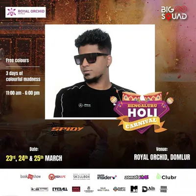 The poster for the Bengaluru Holi Carnival at Royal Orchid, a massive 3-day festival. I'm a regular headliner at the city's biggest open-air Holi parties.