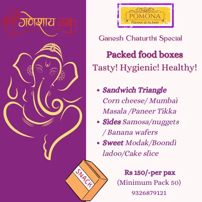 My packed food box menu for Ganesh Chaturthi, featuring a mix of savory and sweet items. Options include paneer tikka sandwiches, samosas, and festive sweets like boondi ladoo, perfect for high tea or guest offerings.