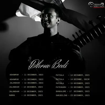A poster announcing my multi-city tour across India, including performances in Punjab, Bangalore, and Darjeeling. I am available for performances nationwide.