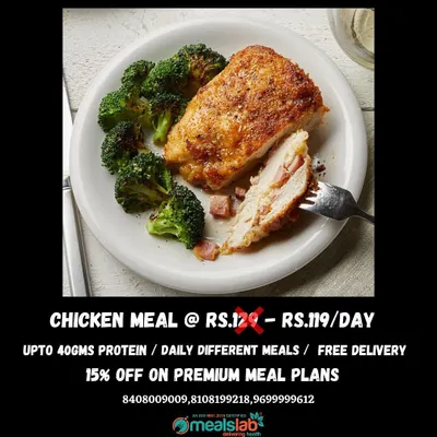 Here's an example of my non-vegetarian protein meal: a juicy, stuffed chicken breast served with steamed broccoli. This meal delivers up to 40 grams of protein and is part of my daily rotating menu to support your fitness journey.
