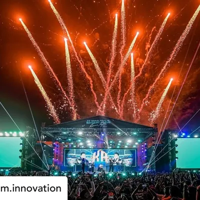 The grand finale of the Karan Aujla concert, with fireworks illuminating the massive stage we built. Our work provides the perfect canvas for spectacular show-stopping moments.