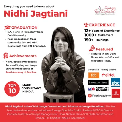 This is a summary of my professional journey. With a background in Mass Communication and an MBA, plus over 12 years of experience as a certified Image Consultant, I have conducted over 150 trainings and 1000+ makeovers for clients like Airtel, Maruti Suzuki, and Emirates.
