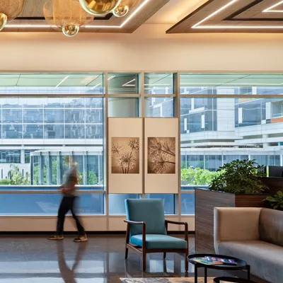 The lounge and reception area of the APT office in New Delhi, designed to be both sophisticated and inviting. The space uses warm wood tones, comfortable seating, and abundant natural light to create a positive first impression.