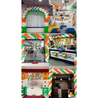I offer a wide range of balloon decor for Independence Day and Republic Day. This collage shows various tricolor balloon arches and arrangements perfect for any cafe, shop, office, or society entrance.